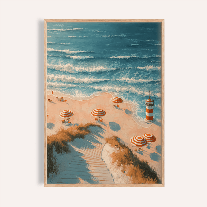 Beach Lighthouse Print with blue and gold tones for bedroom wall art
