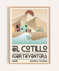 Featuring the El Cotillo Surfing Poster, travel wall art with wave, surfer, dunes, and bold El Cotillo lettering