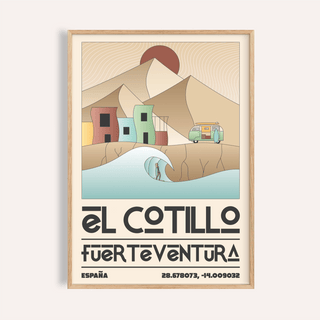 Featuring the El Cotillo Surfing Poster, travel wall art with wave, surfer, dunes, and bold El Cotillo lettering