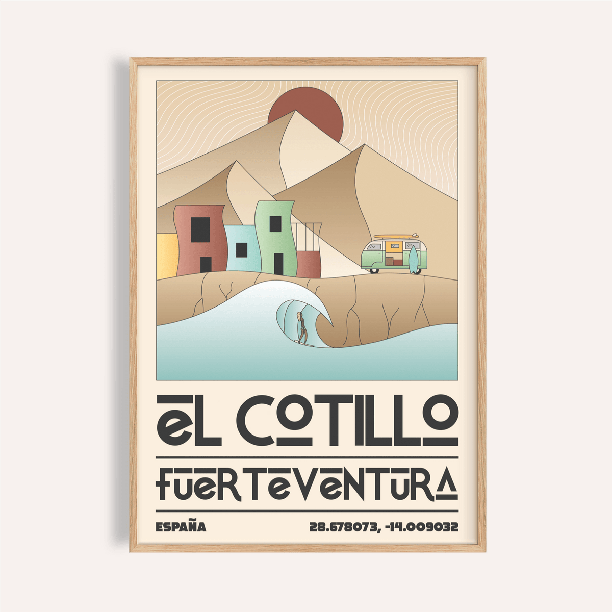 Featuring the El Cotillo Surfing Poster, travel wall art with wave, surfer, dunes, and bold El Cotillo lettering