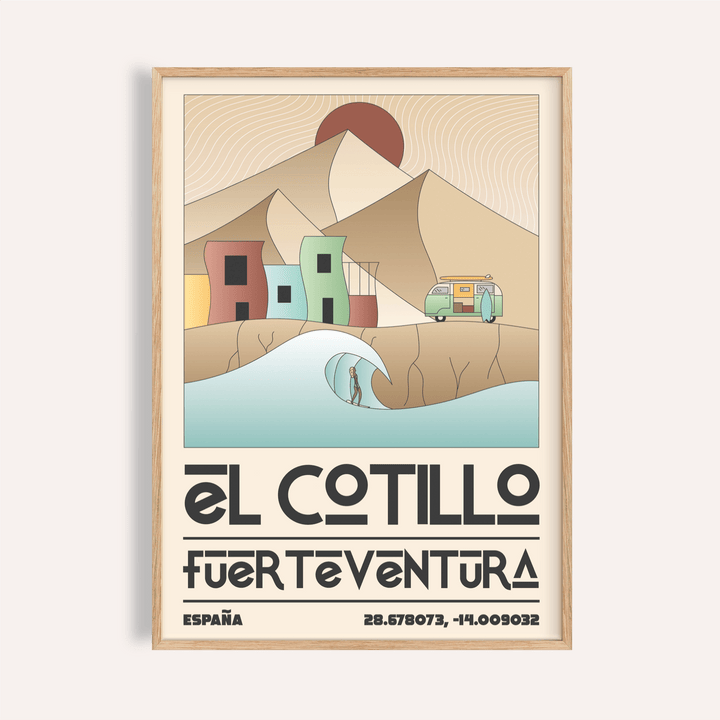 Featuring the El Cotillo Surfing Poster, travel wall art with wave, surfer, dunes, and bold El Cotillo lettering