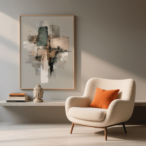 Pink and Gold Abstract Art poster with green and beige, suited for modern offices