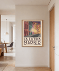 Angle view of vintage style Madrid travel poster with geometric shapes