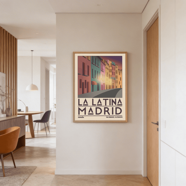 Angle view of vintage style Madrid travel poster with geometric shapes