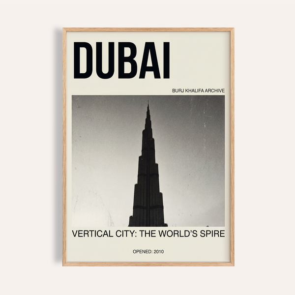 Framed-view Burj Khalifa Art Print poster with large DUBAI title and central tower photograph