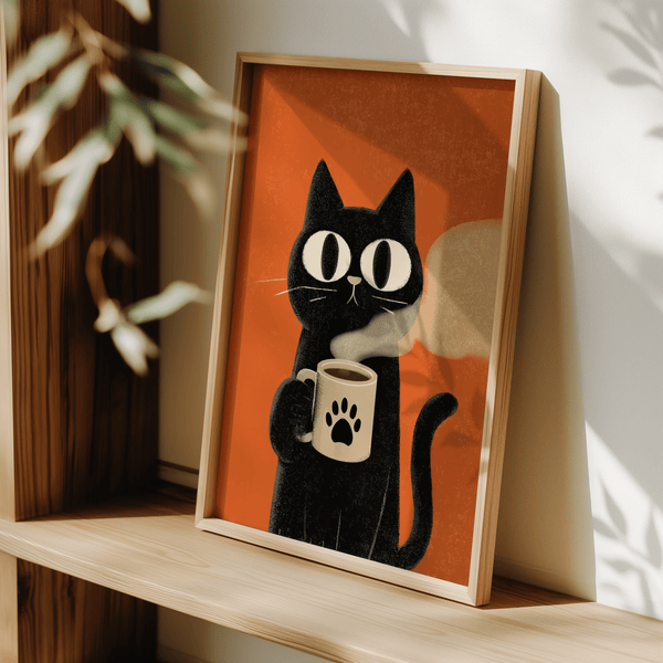 Cat Coffee Mug Print, Orange and Black colors, for cozy reading nook