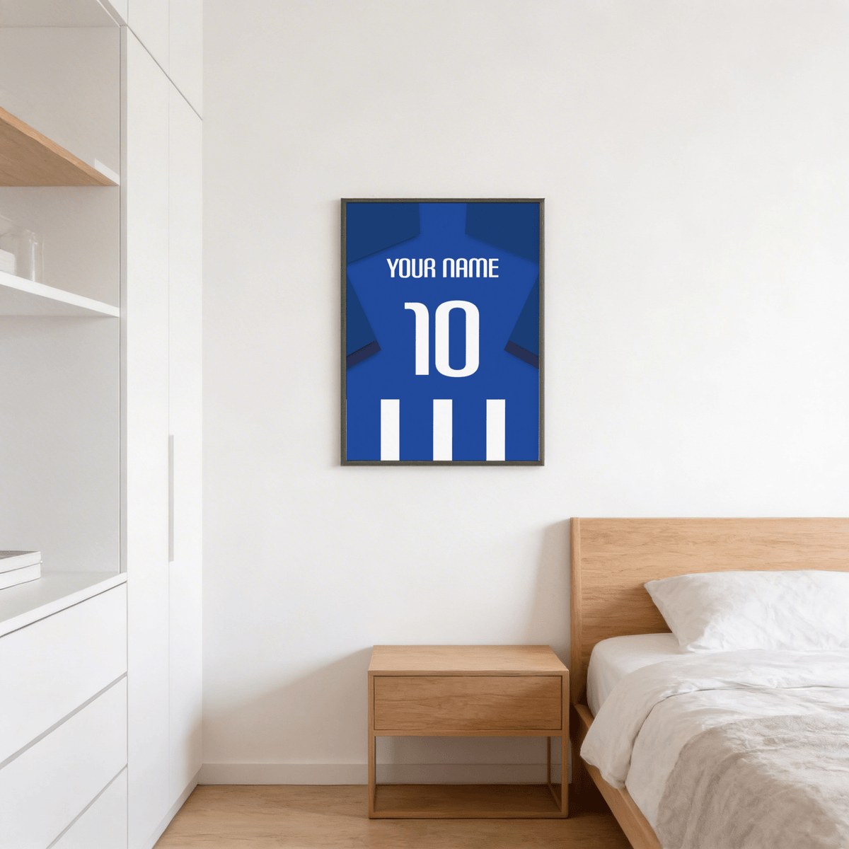 Centered jersey-back wall art print with YOUR NAME text and large 10 numeral on a blue shirt