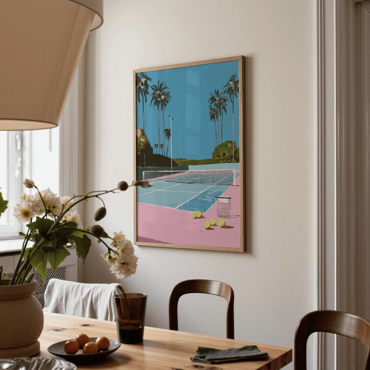Minimal tennis court poster with open sky, palm trees, and centered net