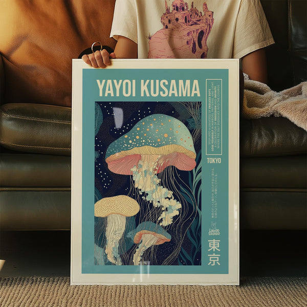 Soft ocean creatures float in unique art prints inspired by Yayoi Kusama.