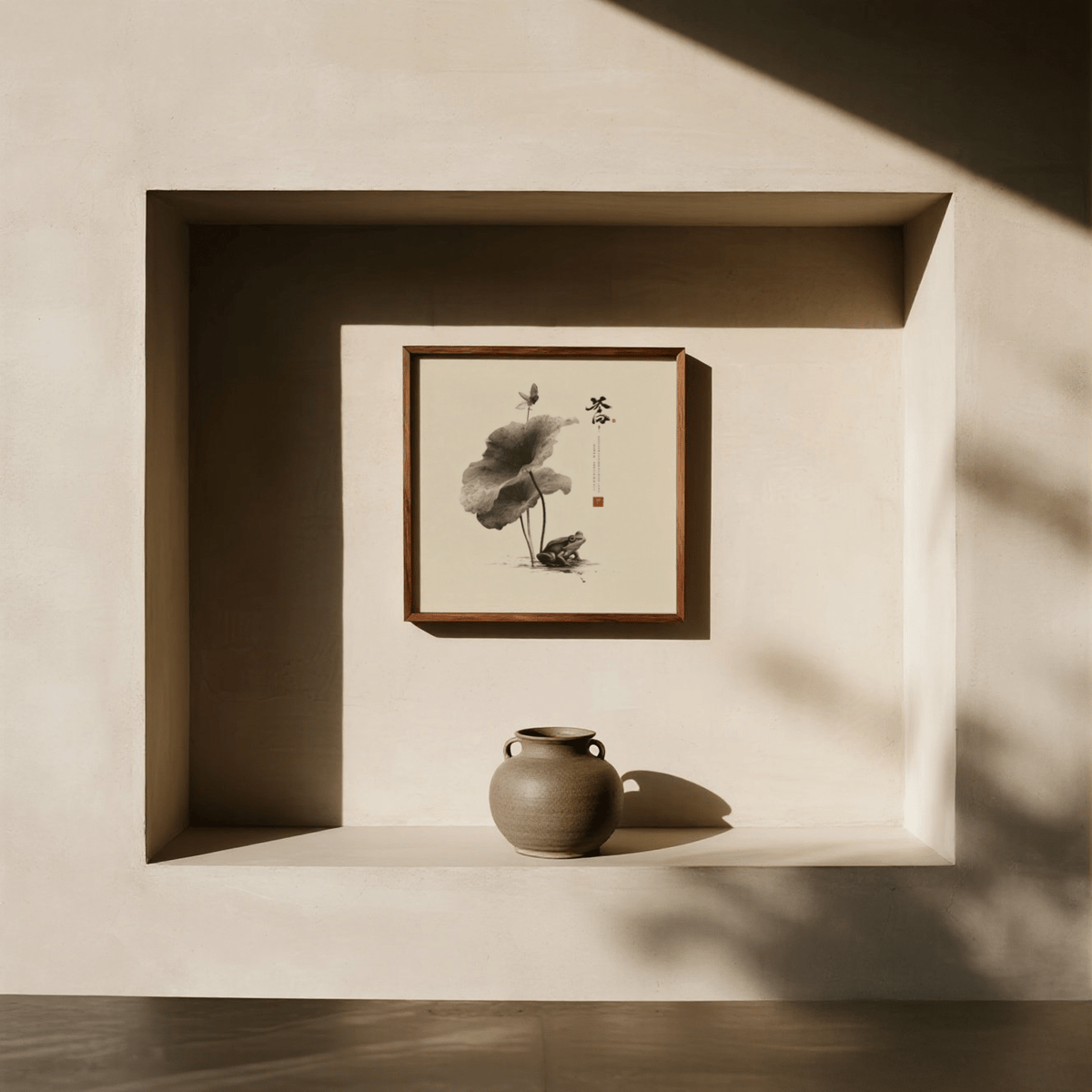 Minimalist Japanese Frog Art poster in gray and white for home office