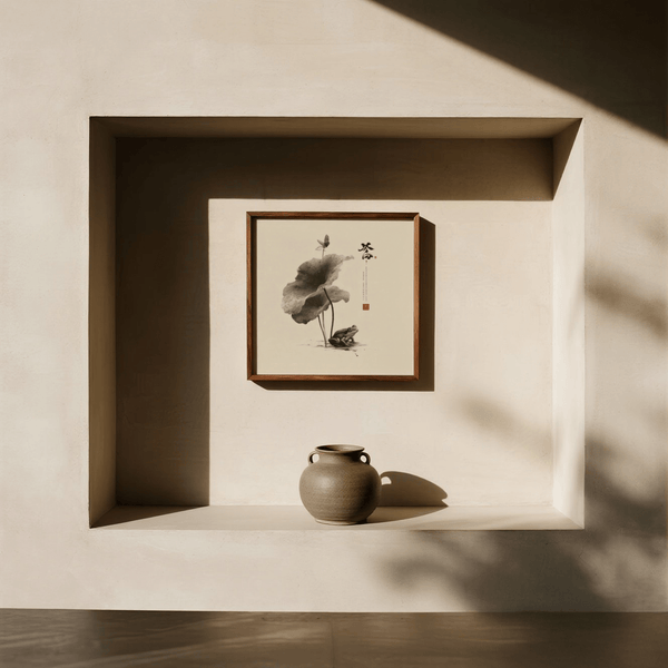 Minimalist Japanese Frog Art poster in gray and white for home office