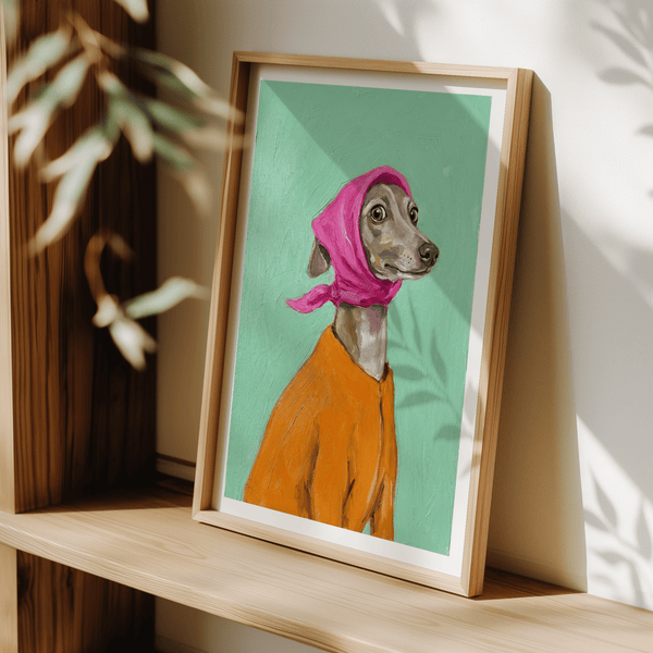 Unique Greyhound Poster in pink and orange for creative studio art print