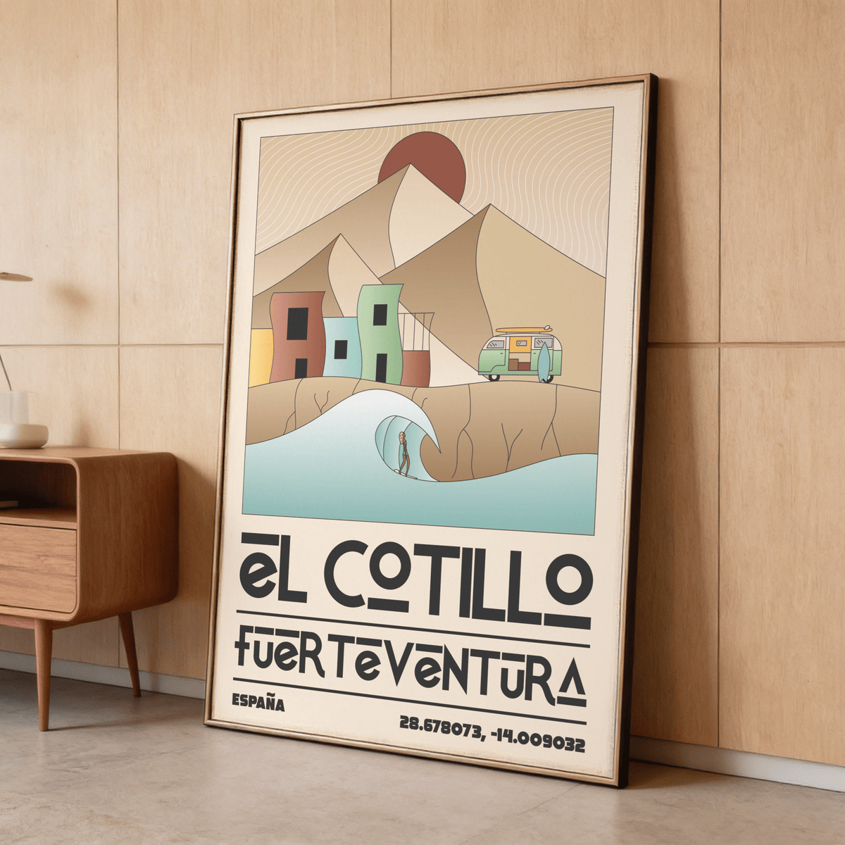 Depicting the El Cotillo Surfing Poster, a graphic poster with angular dunes, round sun, and town buildings