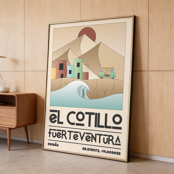 Depicting the El Cotillo Surfing Poster, a graphic poster with angular dunes, round sun, and town buildings
