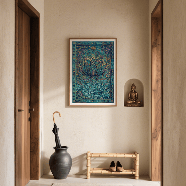 Lotus and water garden artwork with textured dot-and-line detailing