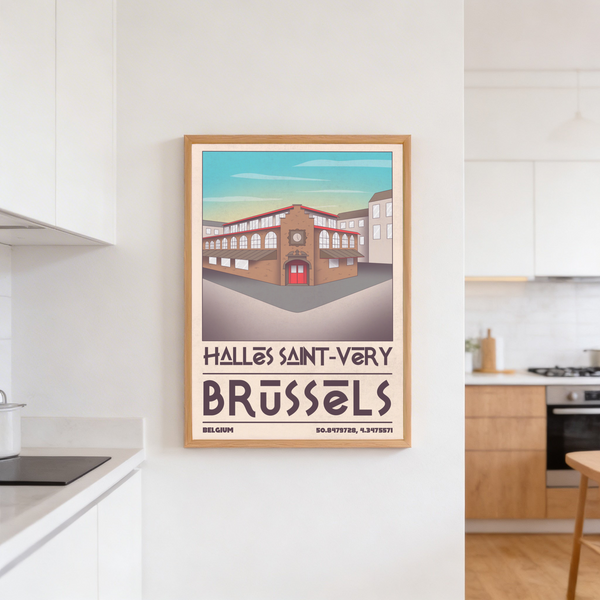 Typography-led Brussels poster print with large Brussels text and Belgium coordinates