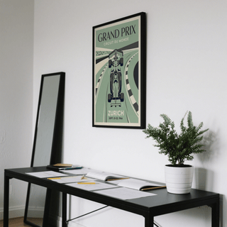 Zurich Grand Prix style poster print with bold typography and central race car