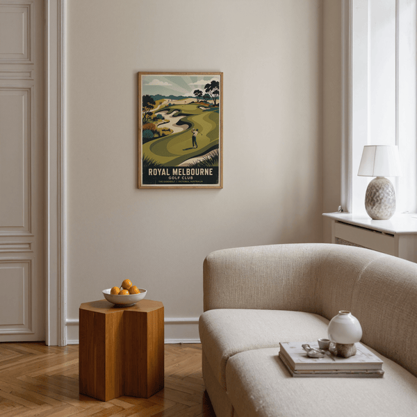 Vintage style golf club wall art showing pin flag on the green and curved sand traps