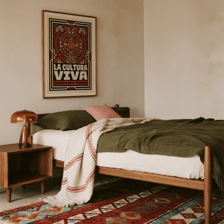Desk vignette highlighting Aztec Culture Art Print with bold LA CULTURA VIVA text