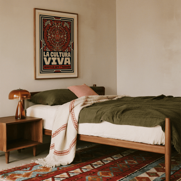 Desk vignette highlighting Aztec Culture Art Print with bold LA CULTURA VIVA text