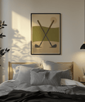 Muted Green, Beige, Gray golf wall art print with crossed clubs and a sun disc