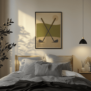 Muted Green, Beige, Gray golf wall art print with crossed clubs and a sun disc