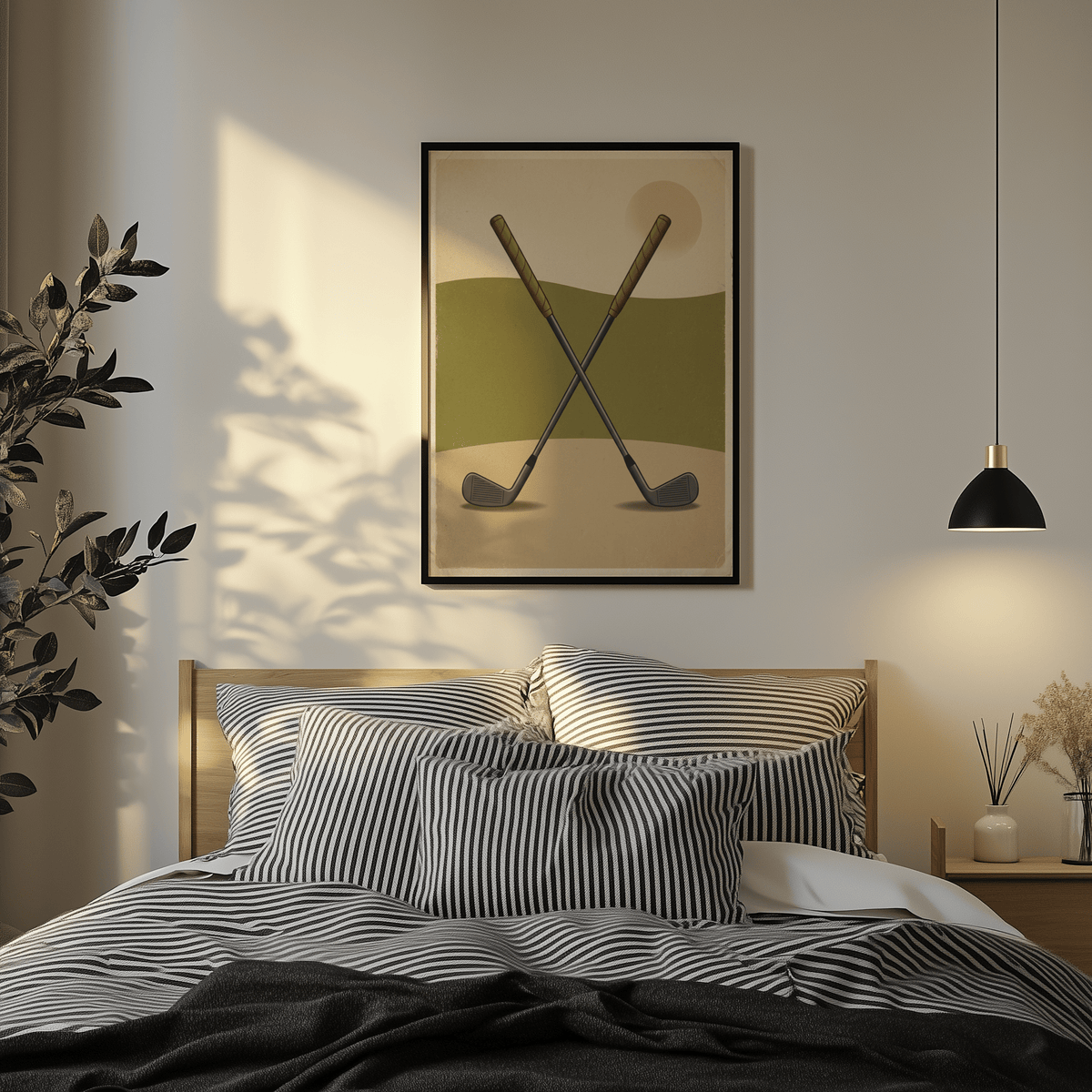 Muted Green, Beige, Gray golf wall art print with crossed clubs and a sun disc