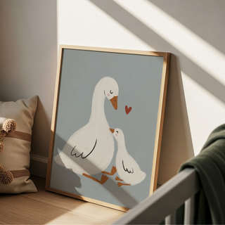 Illustrated goose and gosling wall art print with small heart detail