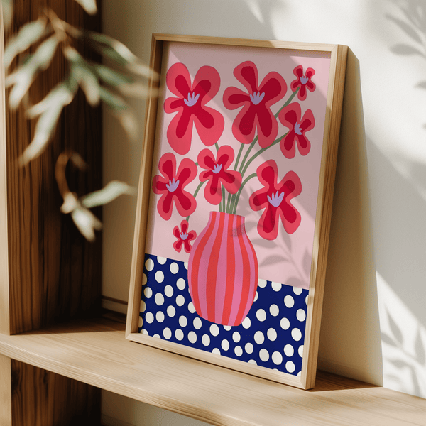 Colorful Flower Poster in Blue, White, Pink, and Green for hallway decoration