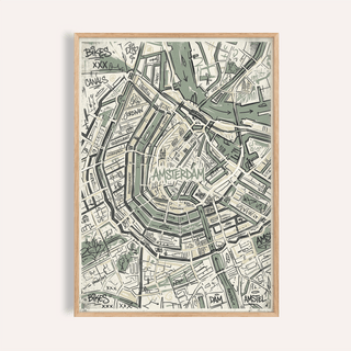 Centered Amsterdam Map Art Print poster with hand-drawn canals and street grid