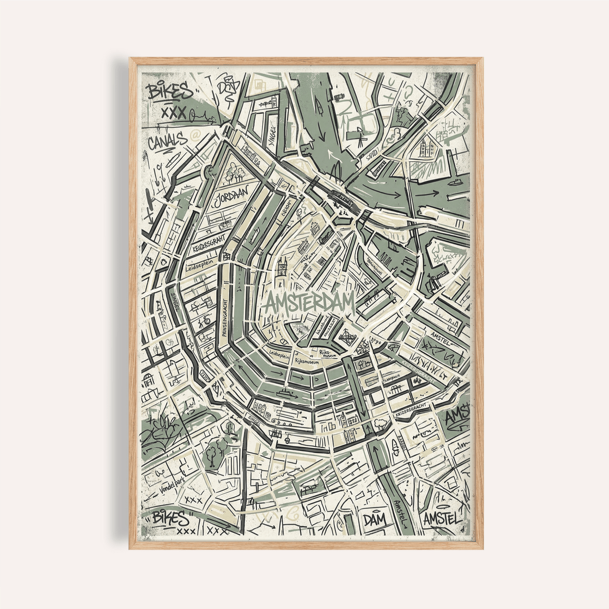 Centered Amsterdam Map Art Print poster with hand-drawn canals and street grid
