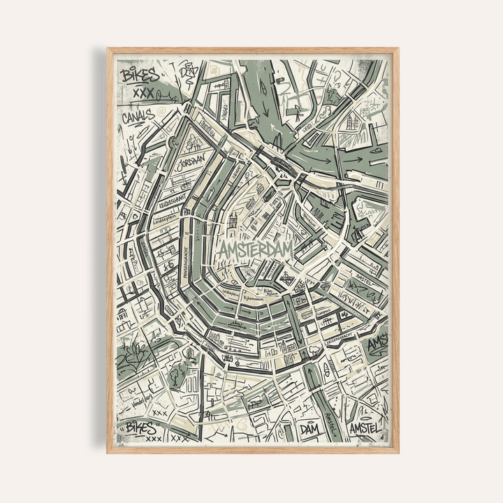 Centered Amsterdam Map Art Print poster with hand-drawn canals and street grid