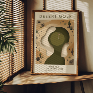 Top-down golf hole poster with central fairway shape and desert plants