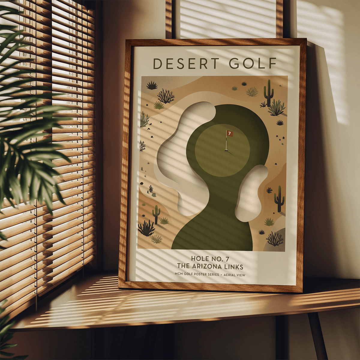 Top-down golf hole poster with central fairway shape and desert plants