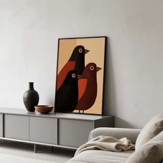Abstract Bird Wall Art vertical composition with tall rear bird and two front birds