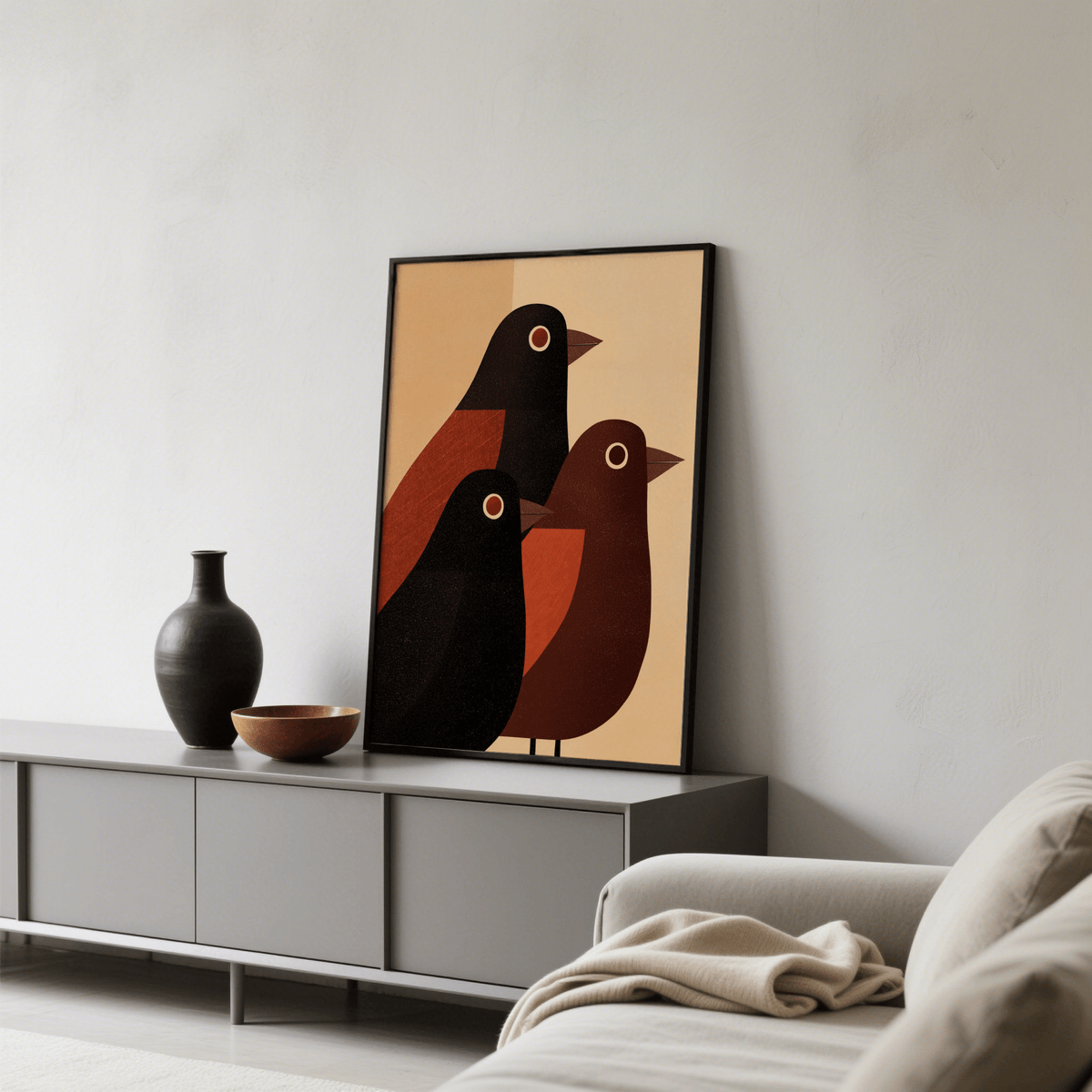 Abstract Bird Wall Art vertical composition with tall rear bird and two front birds