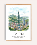 Watercolor skyline wall art poster of Taipei with Taipei 101 tower and mountains