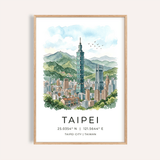 Watercolor skyline wall art poster of Taipei with Taipei 101 tower and mountains