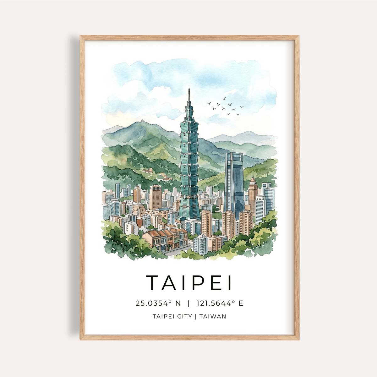 Watercolor skyline wall art poster of Taipei with Taipei 101 tower and mountains
