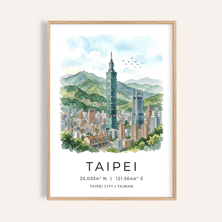 Watercolor skyline wall art poster of Taipei with Taipei 101 tower and mountains
