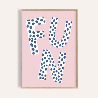 Bold FUN lettering print poster with dotted texture on a pink background