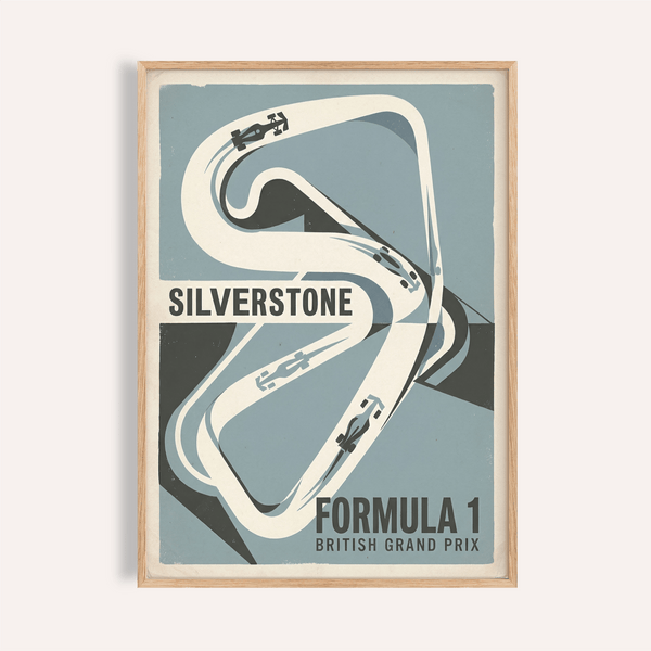 Silverstone Formula 1 Art Print poster showing stylized track map and racing car silhouettes