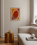 Graphic oval contour artwork in orange, red, white, and black tones