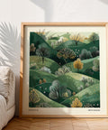 Green hills artwork perfect for Japandi decor.