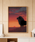 Majestic Lion Art Print showing lion in tall grass with low sun horizon