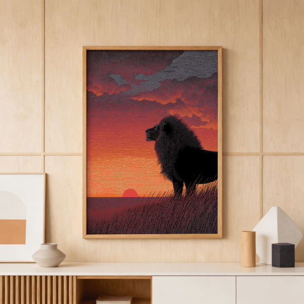 Majestic Lion Art Print showing lion in tall grass with low sun horizon