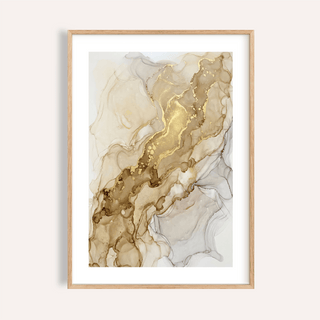 Abstract Gold Art Print with fluid marbling and metallic ribbons