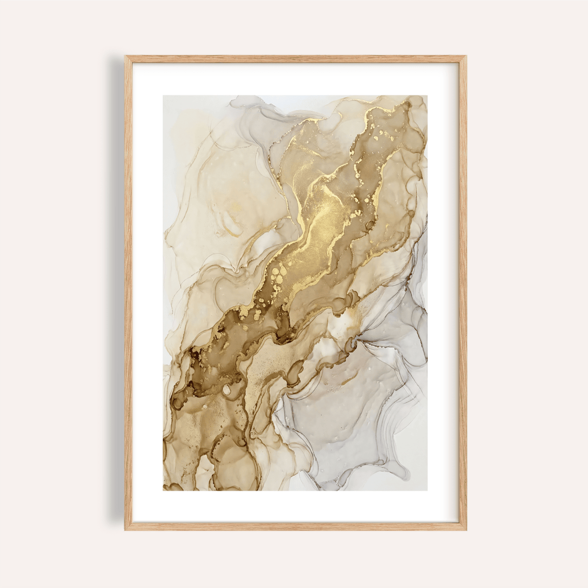 Abstract Gold Art Print with fluid marbling and metallic ribbons