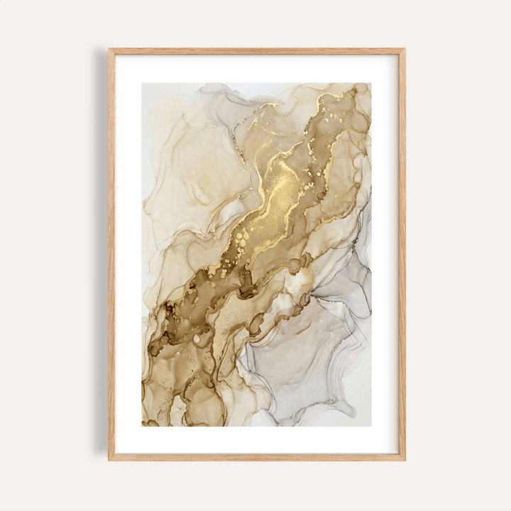 Abstract Gold Art Print with fluid marbling and metallic ribbons