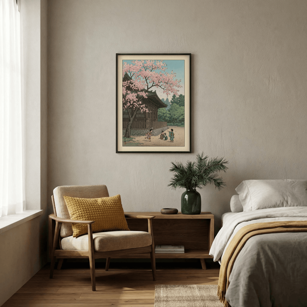 Full composition poster print showing temple left, children center, forest background